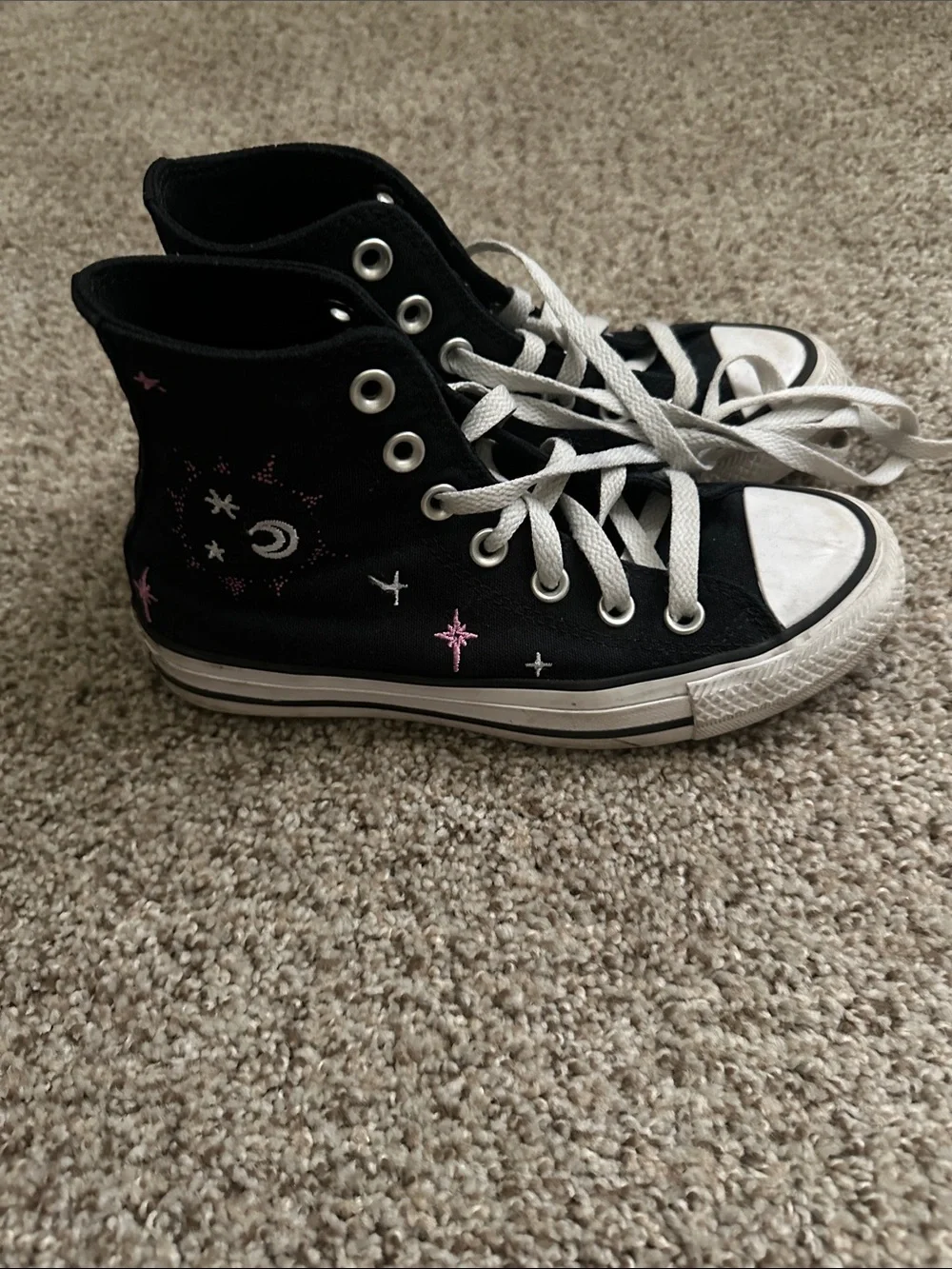 Black High-Top Kids Sneakers with Pink & White Celestial Embroidery